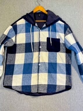 Shein Hooded Shacket Women’s Size XL Blue White Buffalo Plaid Button Down